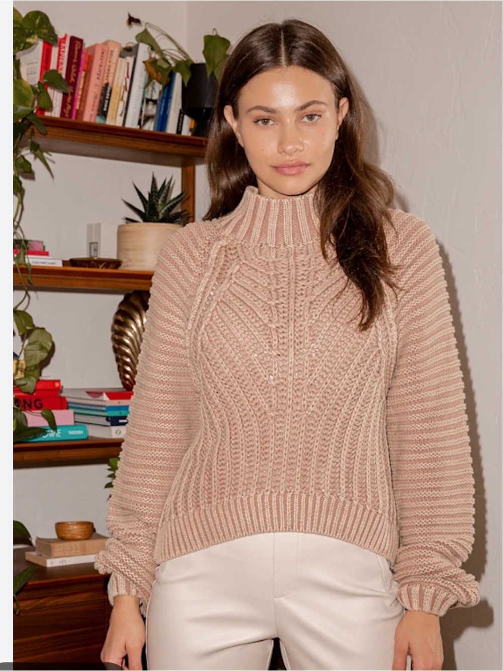 Free People Neutral Cable Knit Turtleneck Sweater - Taupe - Picture 3 of 8